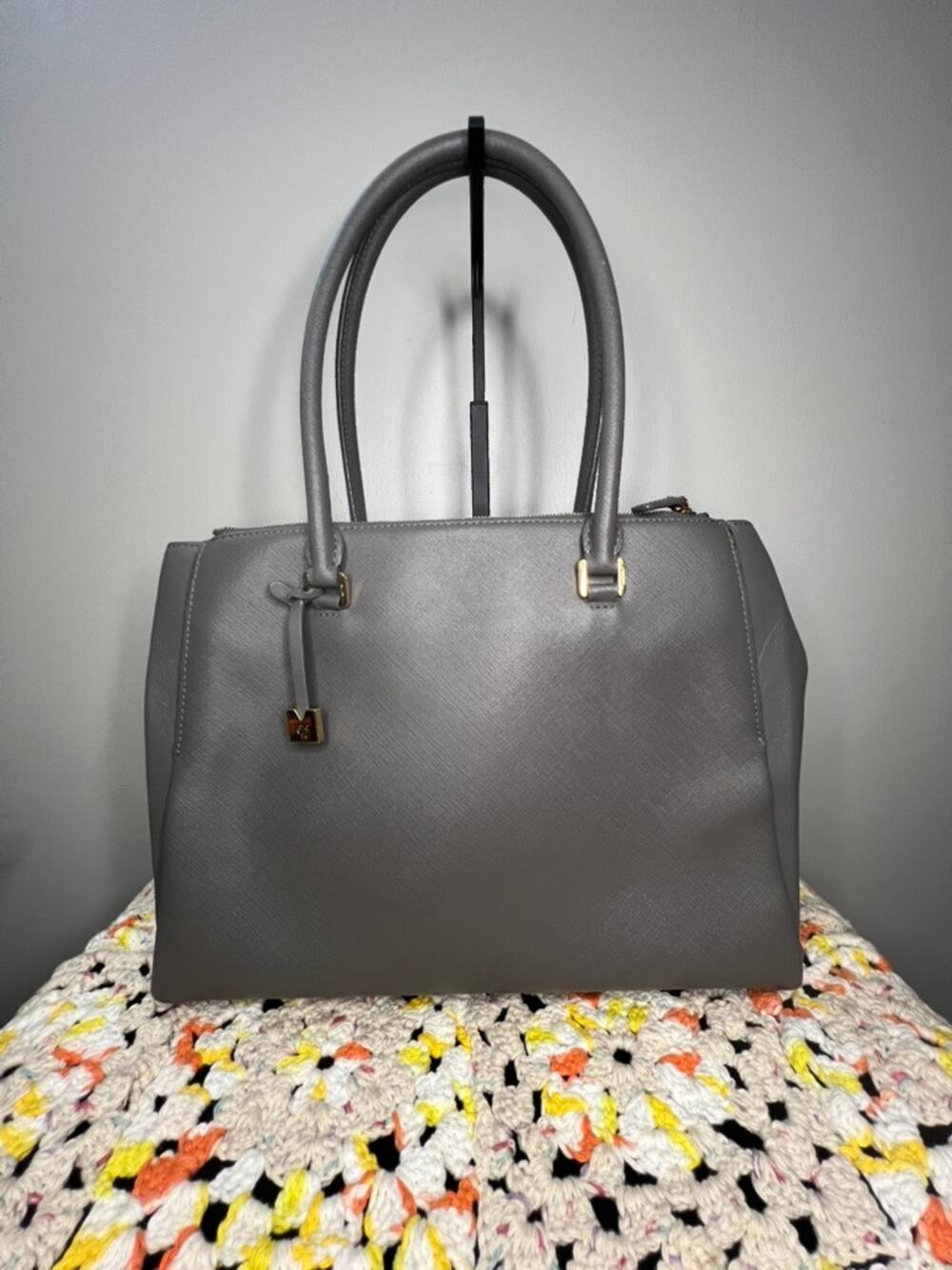 MCM Gray Saffiano Leather Structured Satchel Tote Bag Gold Hardware